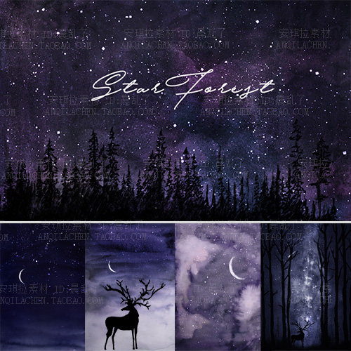高清手绘夜星空意境森林背景麋鹿树木剪影线描花卉psd png素材