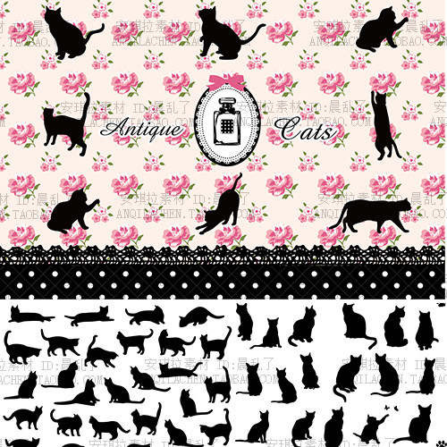 可爱喵星人猫咪姿态动作黑白剪影插画矢量设计元素Ai素材02