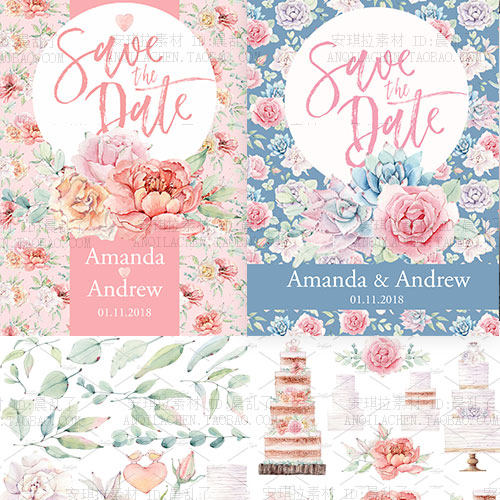 小清新风格水彩手绘插画婚礼蛋糕花朵邀请卡背景图案psd png素材