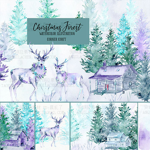 北欧风水彩冬季森林麋鹿高清素材png jpg背景平面设计素材