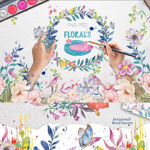 手绘小清新水彩森女风手绘蓝紫色花朵png+psd高清素材婚礼手账