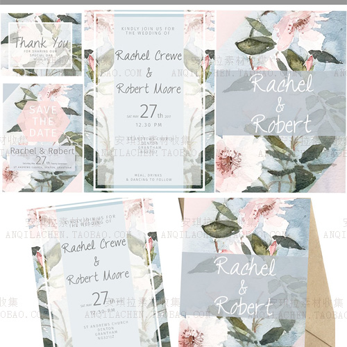 韩式小清新手绘大气复古花卉PSD分层海报卡片邀请卡设计素材
