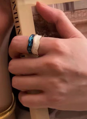 轻奢珐琅戒指女精致鎏彩滴釉烧蓝S925银开口指环宽边法式食指戒潮