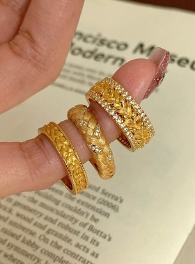 古法金色戒指女百搭时尚叠戴气质个性S925镀银指环ins风食指戒潮