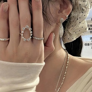 小众重工镶钻椭圆戒指女叠戴韩系锆石中古轻奢高级百搭复古指环