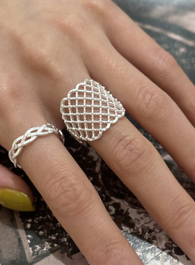 镂空网格几何戒指女简约气质百搭叠戴个性开口指环小众设计食指戒