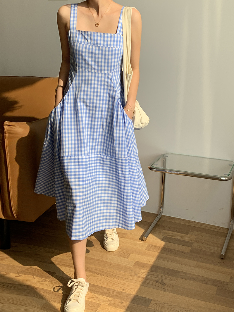Real shot spring and summer Korean version new waist show thin, versatile medium and long Plaid Dress real price
