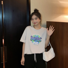 實拍春夏韓版新款圓領休閒寬鬆印花上衣百搭短袖t恤實價