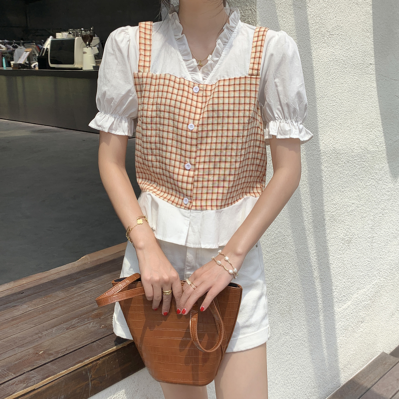 Real shot spring and summer Korean new loose and versatile fake Two Short Sleeve Plaid Shirt real price