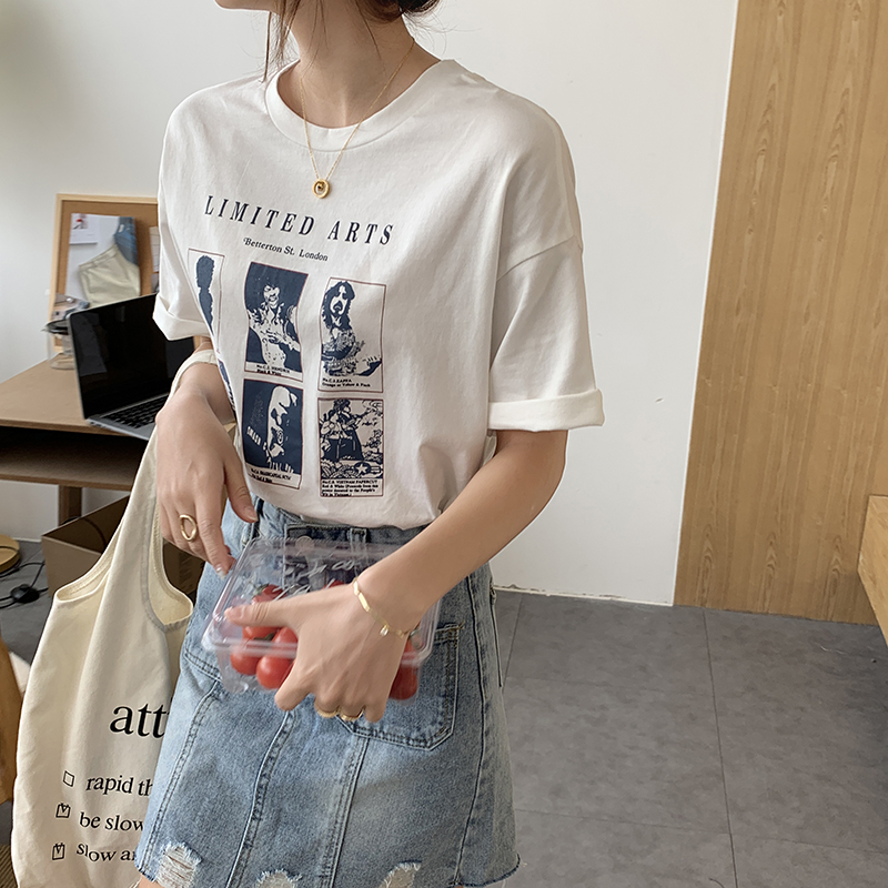 Real shot spring and summer Korean new loose and versatile retro pattern printed short sleeve T-shirt real price