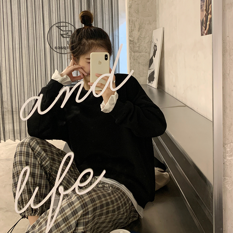 Real price of Korean new loose and versatile fake two piece Plush sweater