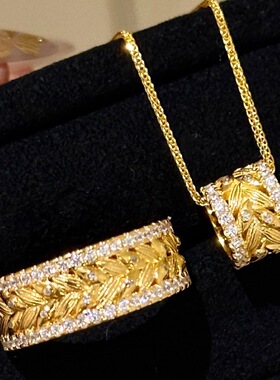 S925纯银拉丝麦穗项链戒指