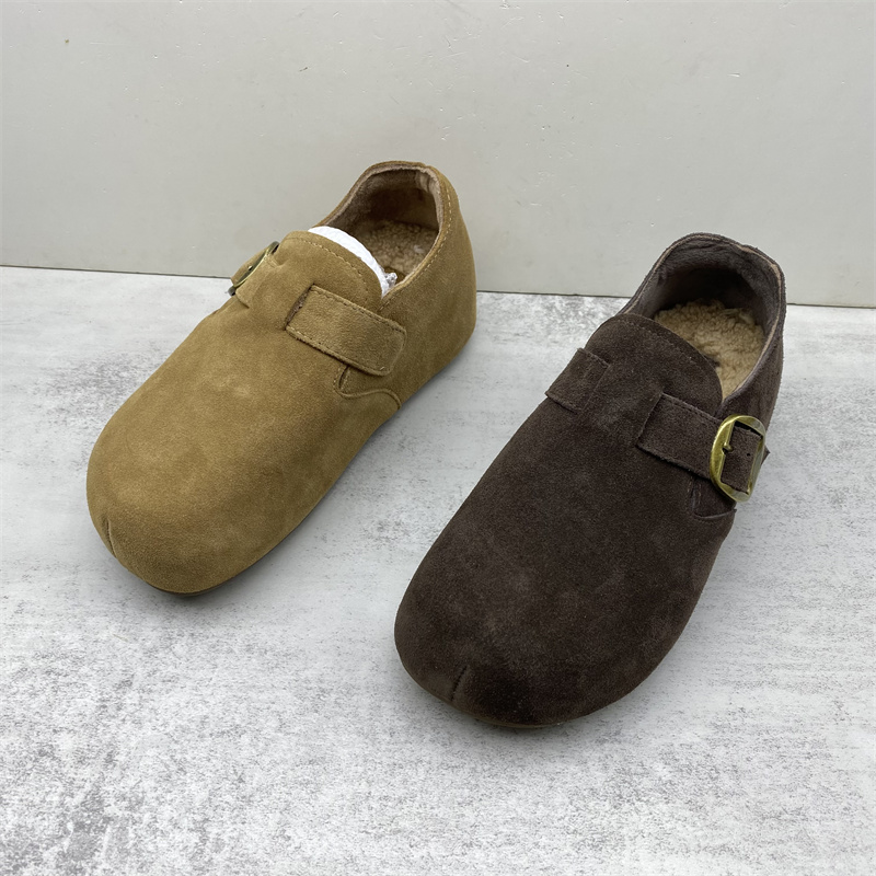 真皮2025秋冬新款复古全包勃肯鞋女加绒保暖厚底一脚蹬搭扣软木鞋