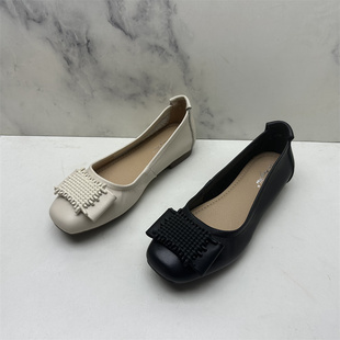 新款2026春夏通勤风方头浅口单鞋女平跟一脚蹬软底舒适百搭女单鞋