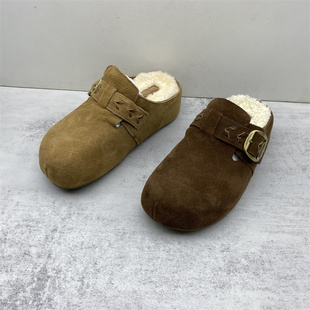 新款真皮2025秋冬反绒皮勃肯鞋加绒女包头拖鞋外穿懒人鞋秋冬保暖