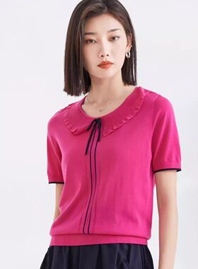 夏款花边领针织莱赛尔天丝淑女短袖上衣418002