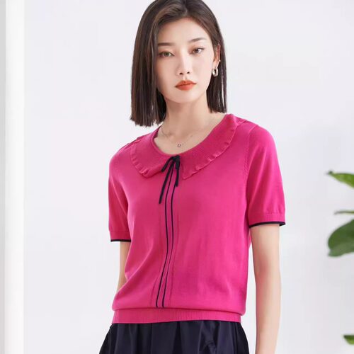 夏款花边领针织莱赛尔天丝淑女短袖上衣418002