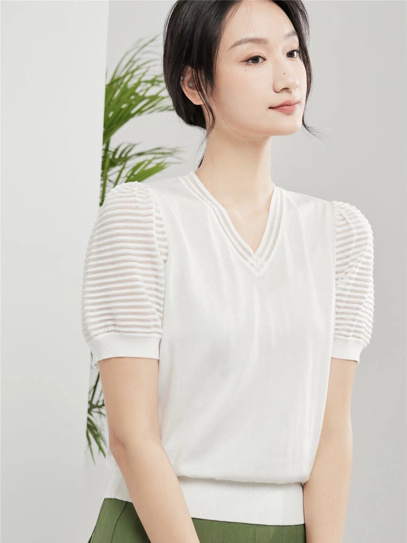 文浩丝华天丝夏款服装亲肤针织衫上衣短袖V领气质淑女311096