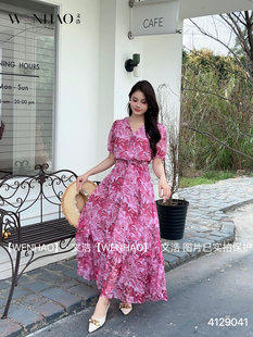 文浩丝华A字版女长款连衣裙V领树莓红腰带印花显瘦气质29041