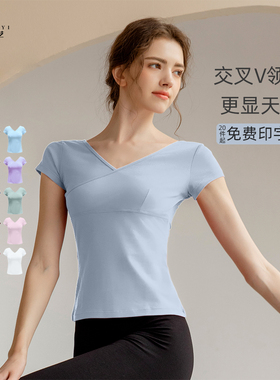 交叉V领女短袖上衣 棉成人修身舞蹈练功服装 民族舞艺考服 训练服