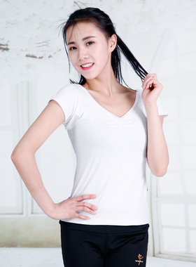 红舞鞋棉氨前V抽带鸡翼袖上衣舞蹈服女装练功服短袖T恤半袖38502