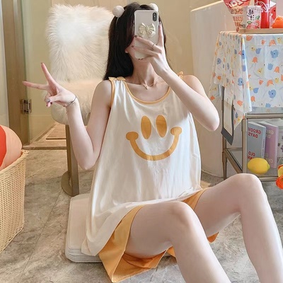 睡衣女夏季韩版无袖背心清新吊带笑脸学生宽松ins风女家居服套装