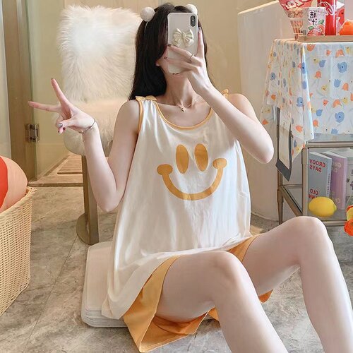 睡衣女夏季韩版无袖背心清新吊带笑脸学生宽松ins风女家居服套装