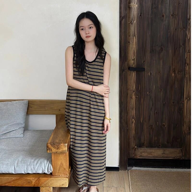 睡裙女夏带胸垫新款脚裸条纹长款可外穿显瘦背心裙宽松睡衣家居服