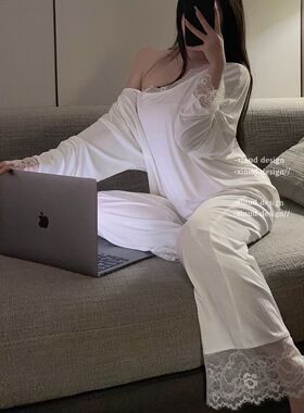 睡衣女士春秋季蕾丝花边性感长袖斜肩美背女超仙可外穿家居服套装