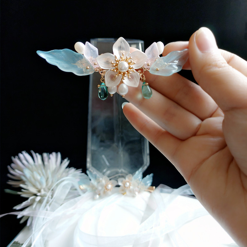 琉璃花朵汉服发饰原创设计古风绢纱对夹唯美顶钗珍珠发簪清新国风