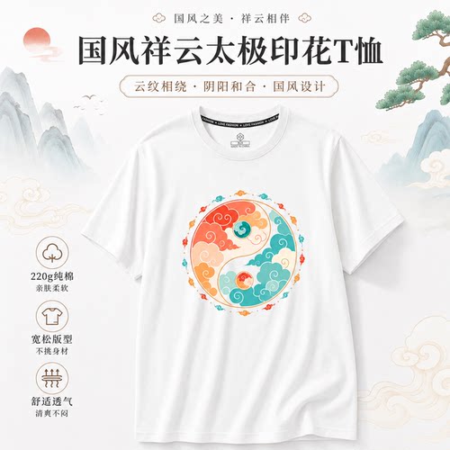 国风祥云太极T恤男夏季纯棉短袖宽松潮流中国风原创印花半袖上衣