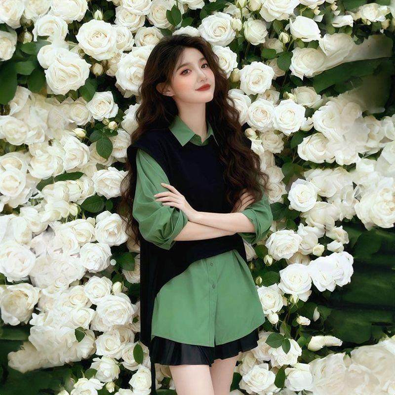 两件/套装韩版复古黑色针织衫马甲背心毛衣女学生+绿色polo领衬衫,女装/女士精品,时尚套装,淘宝优惠券,粉丝福利购,淘宝优惠卷