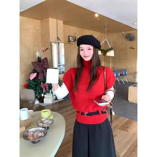 红色高领毛衣马甲春秋叠穿圣诞新年氛围感超好看针织打底衫两件套