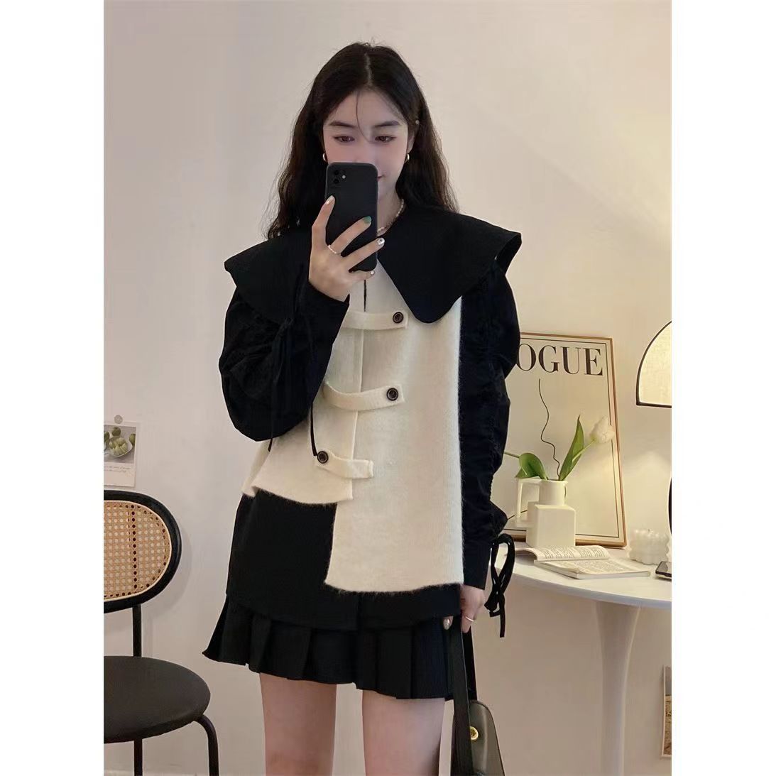 2023春秋清新设计感针织马甲衬衫