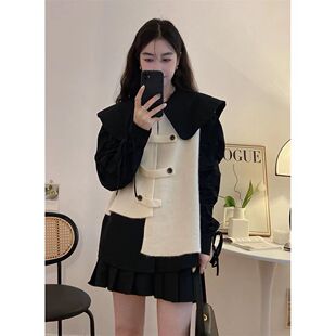 盐系套装春秋小清新娃娃领长袖衬衫女+不规则针织马甲坎肩两件套