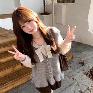 设计感蝴蝶结立领条纹衬衫女春秋季显瘦针织开衫马甲叠穿两件套女