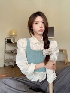 甜美减龄套装女春季叠穿短款针织马甲吊带背心长袖衬衫时尚两件套