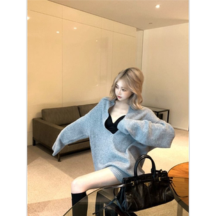 时尚两件套女慵懒风小众翻领针织衫毛衣+盐系高腰显瘦直筒短裤潮