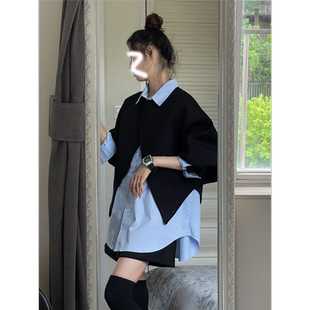 设计感不规则复古开叉长袖卫衣女+学院风盐系宽松纯色衬衫两件套