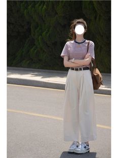 韩版 复古圆领条纹短袖 T恤上衣 两件套 2024夏季 时尚 高腰直筒阔腿裤