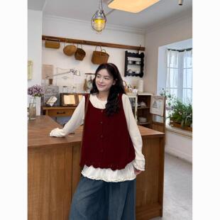 韩系2026春秋季新款小个子针织吊带马甲女学生+长袖打底T恤两件套