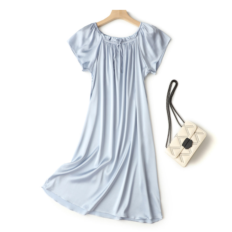 여성을위한 실크 잠옷 여름 느슨한 반팔 중간 길이 잠옷 뽕나무 실크 공주 스위트 스타일 실크 가정 의류