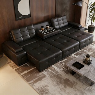 现代简约电动功能沙发客厅轻奢真皮多人位USB充电储物沙发床