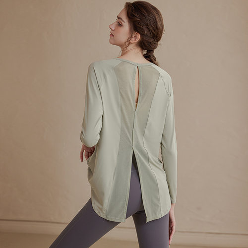 宽松拼网运动罩衫女透气显瘦大码瑜伽服上衣长袖T恤跑步健身服秋