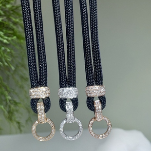 铭汇18K金三排钻石高货绳挂吊坠翡翠扣头可拆卸调节项链AU750珠宝