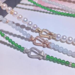 18K金镶嵌钻石小米珠链马蹄扣翡翠珍珠项链手链扣头DIY配件AU750