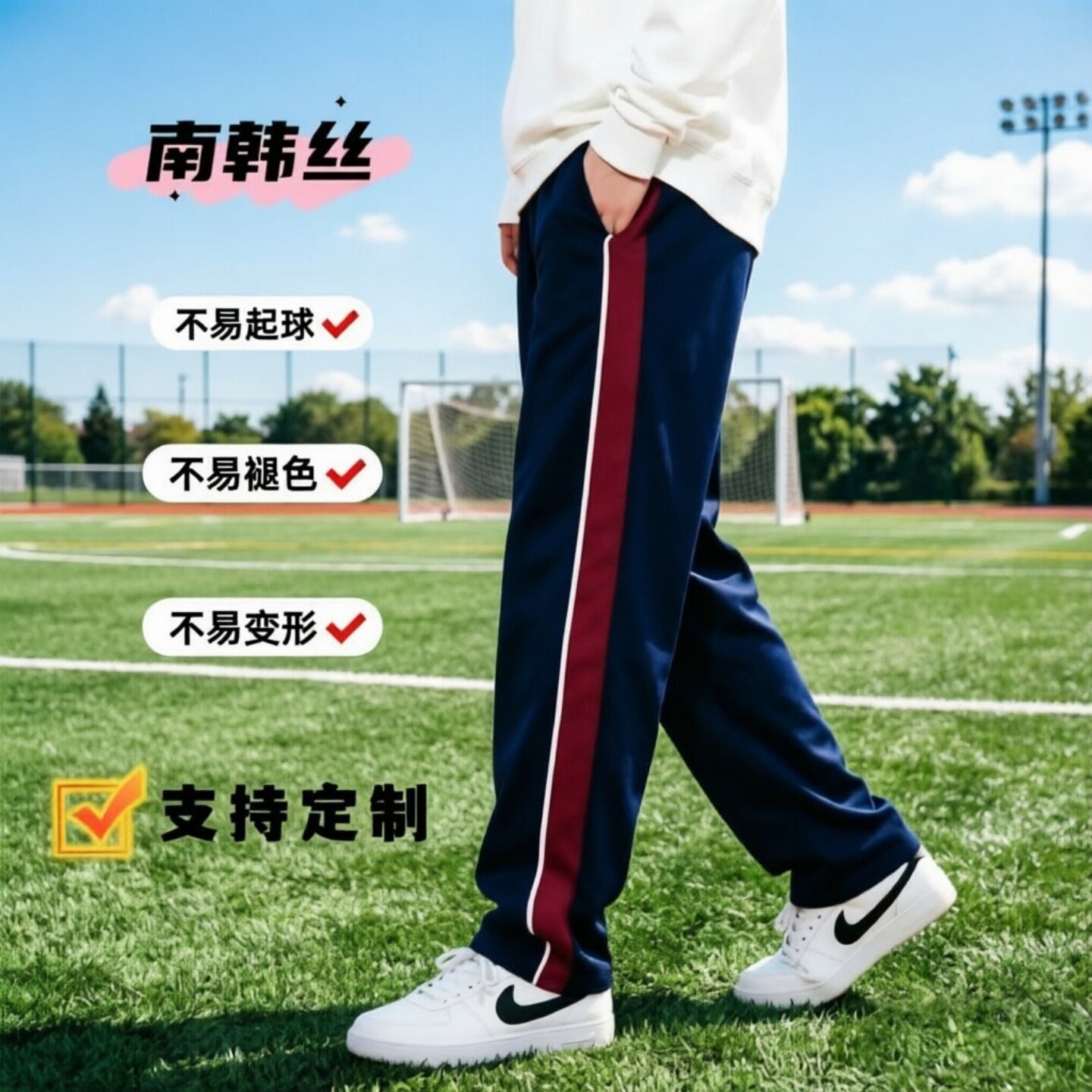定制秋季款镶白宽边透气校服裤