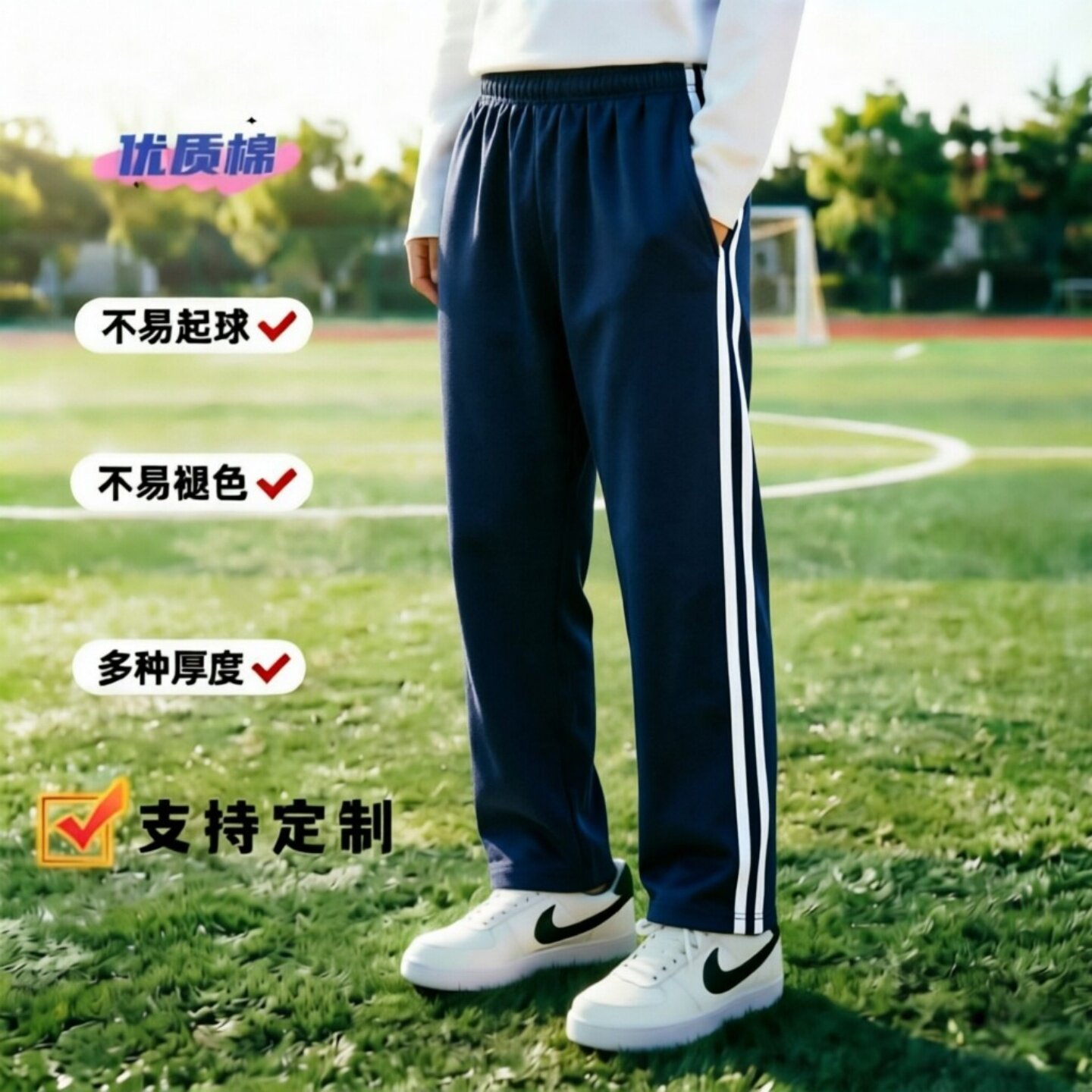 定制春夏秋季薄款深藏青全棉经典白双杠款宽松运动裤男女校服长裤