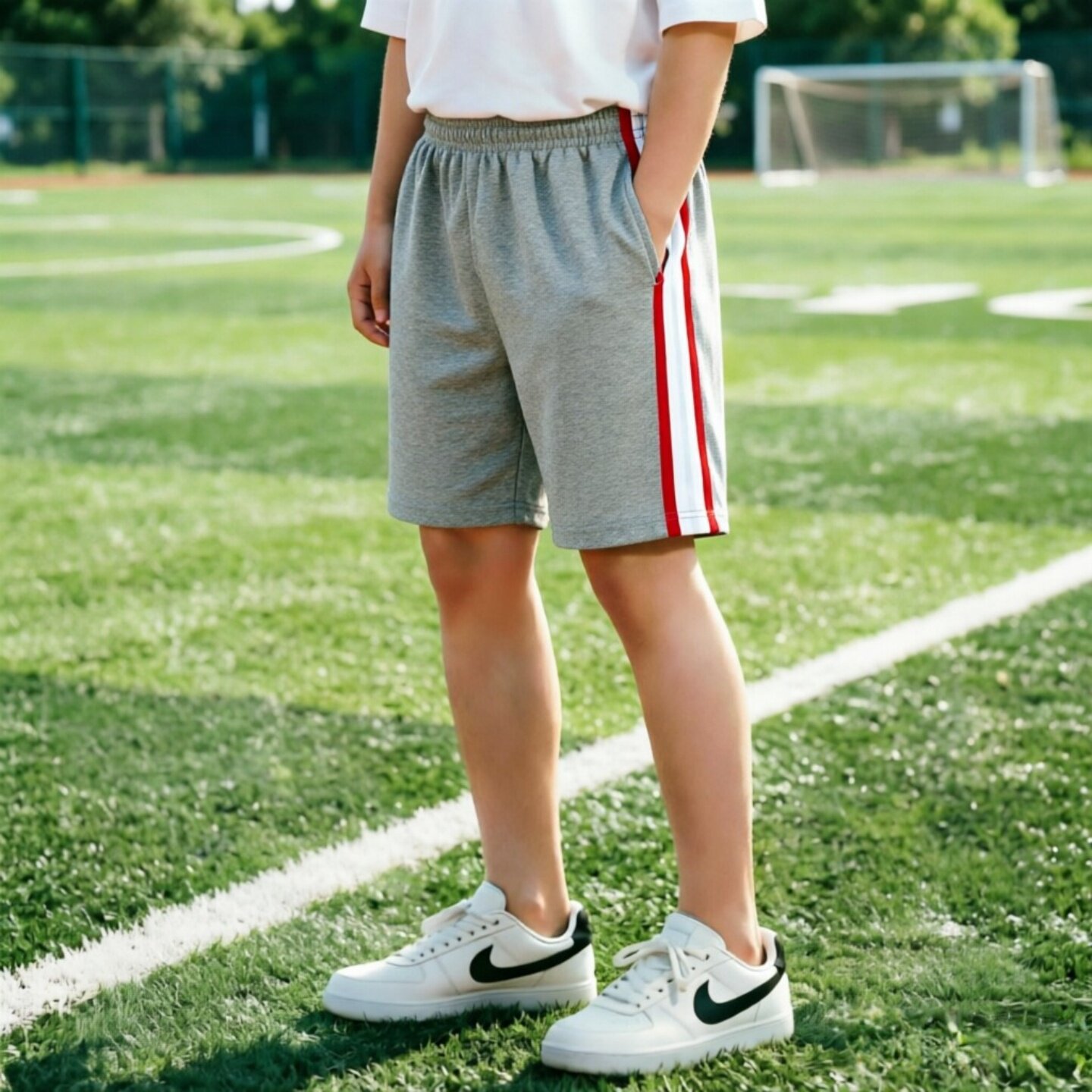 定制夏季浅灰红白中小学生短裤