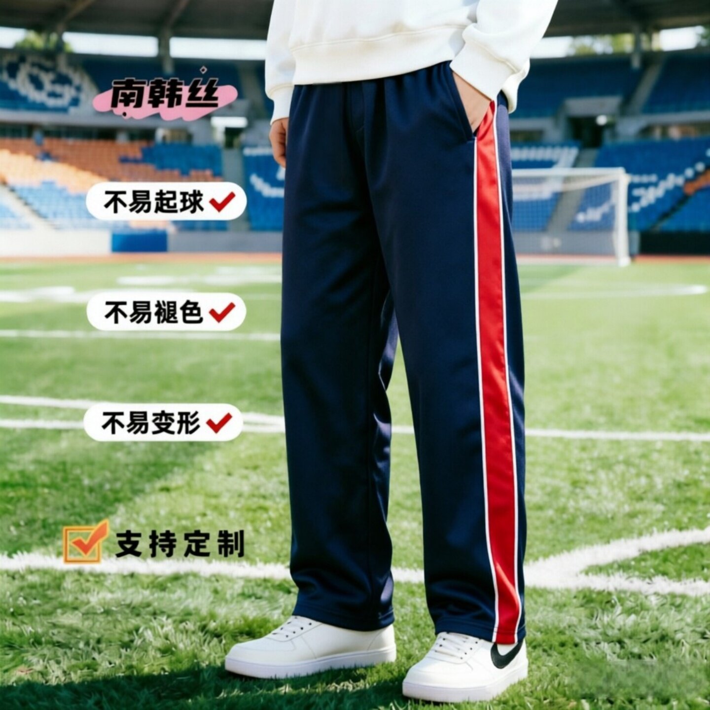 定制春夏藏青宽边两侧白细运动裤
